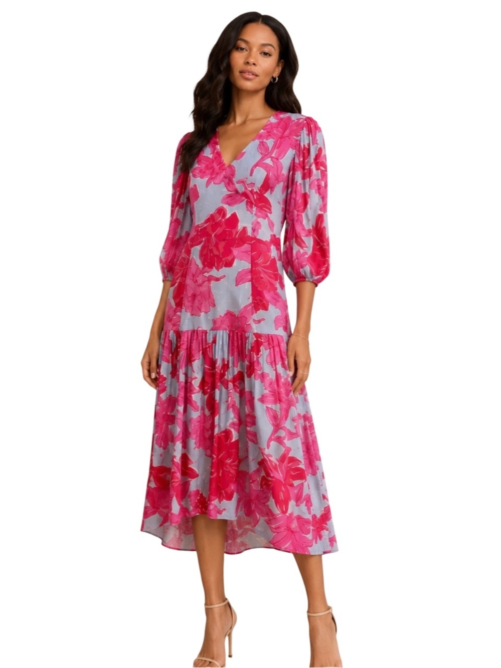 VINEYARD VINES Pink Floral Midi DressV-Neck Tiered Dress Size 6 Kentucky Derby